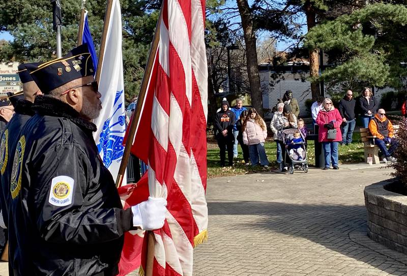 Members of the American Legion Post No. 66 Honor Guard stand resolute during the Legion's annual Veterans Day ceremony in downtown DeKalb Saturday, Nov. 11, 2023.