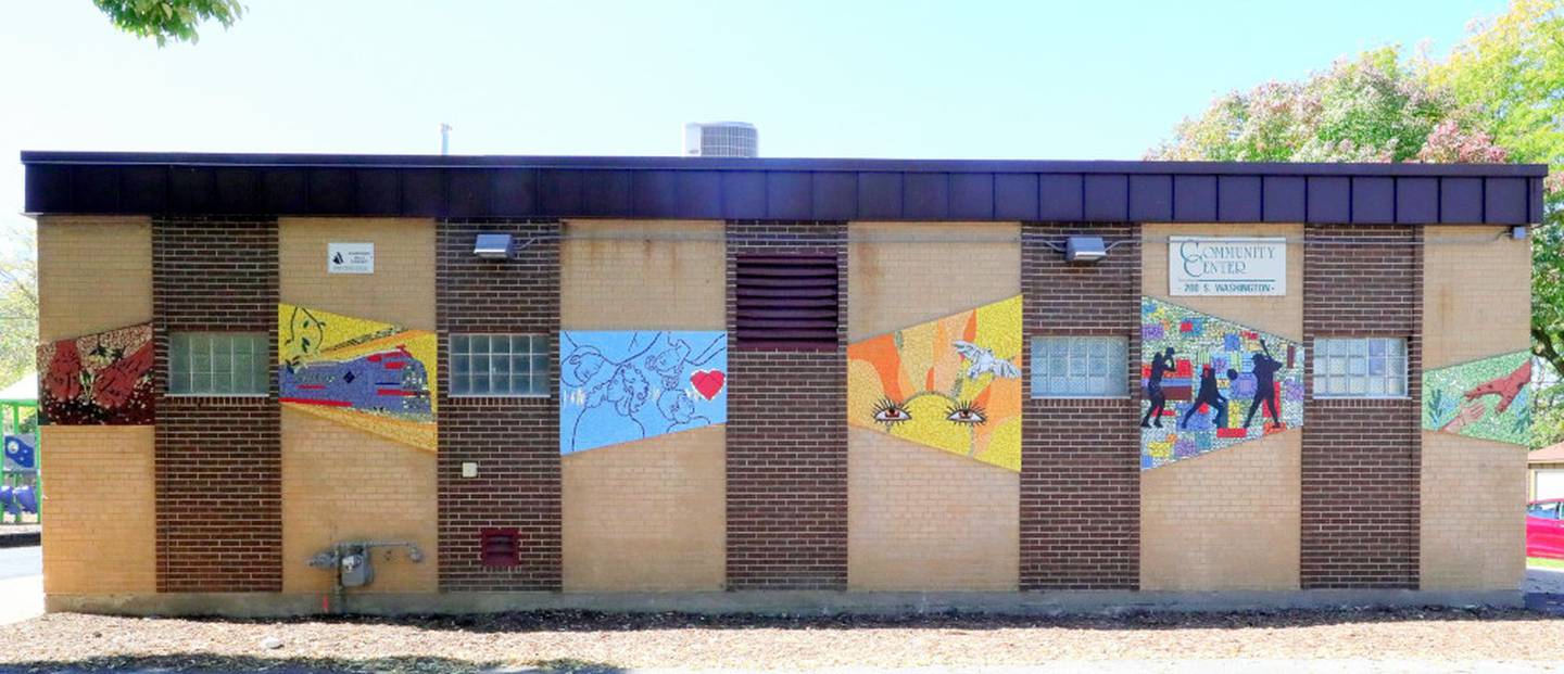 Six of the mosaic mural panels.