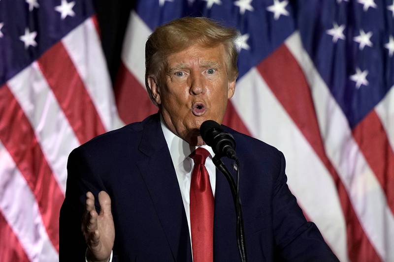FILE - Former President Donald Trump speaks during a rally, July 7, 2023, in Council Bluffs, Iowa. Trump said Tuesday that he has received a letter informing him that he is a target of the Justice Department’s investigation into efforts to undo the results of the 2020 presidential election. Trump made the claim in a post on his Truth Social platform. (AP Photo/Charlie Riedel, File)
