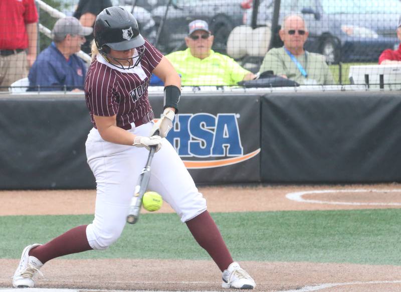 Prairie Ridge's Bella Moore smacks a hit against Burbank St. Laurence during the Class 3A State third place game on Saturday, June 14, 2025 at the Louisville Slugger Sports Complex in Peoria.