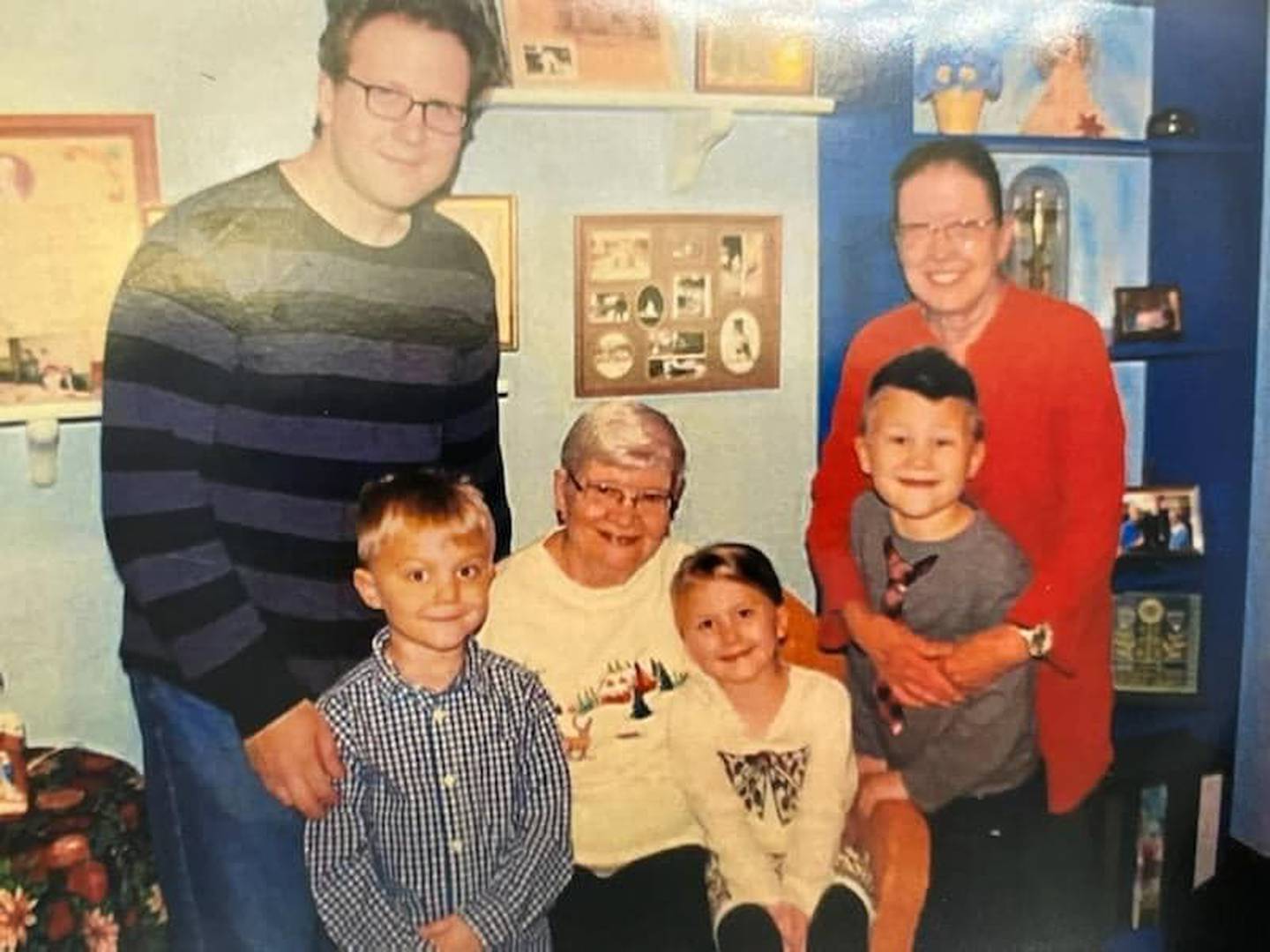 Betty Morman, formerly of Channahon, is pictured with her son Steve Pantol of New Lenox, her mother Pat Harvey of Joliet (seated) and Steve's children Kurt, Ben and Avery.