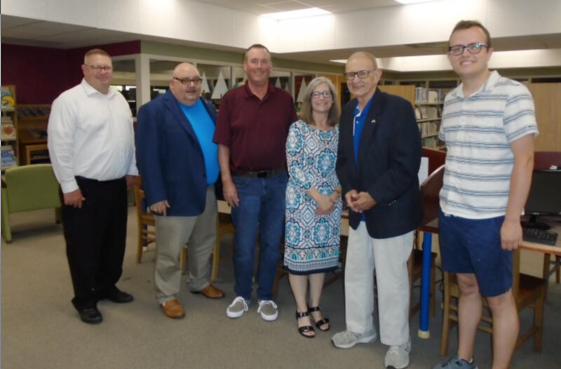 (From left) Library Trustee Mike Porter, Oglesby Elks Exalted Ruler Sam Sankovich, Library Board President Rich Vollmer, Library Director Lynn Sheedy, Elks Grant Coordinator Ken Ficek and Library Trustee Austin Cullinan pose for a photo after the Oglesby Elks Club donated money to help the Oglesby Public Library with firewall technology.