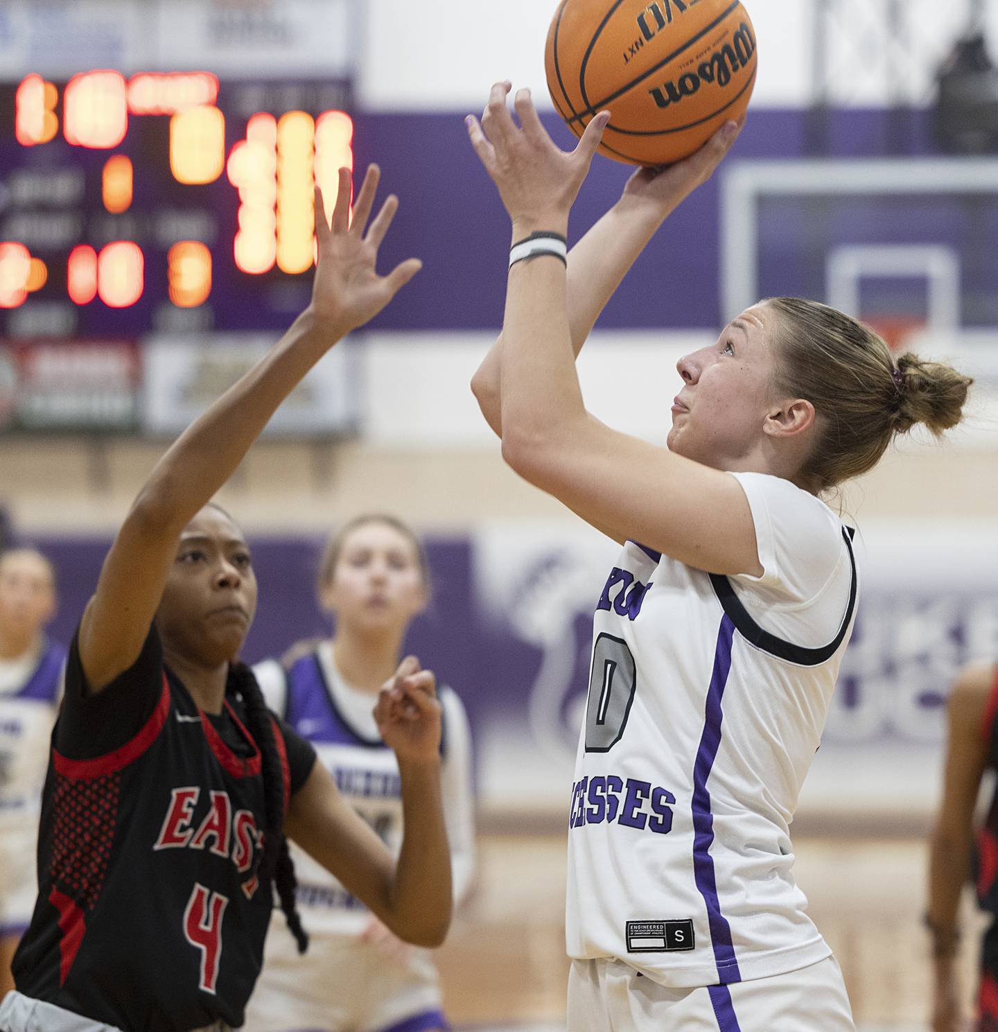 Dixon’s Addy Lohse puts up a shot against Rockford East’s Monday, Feb. 16, 2026.