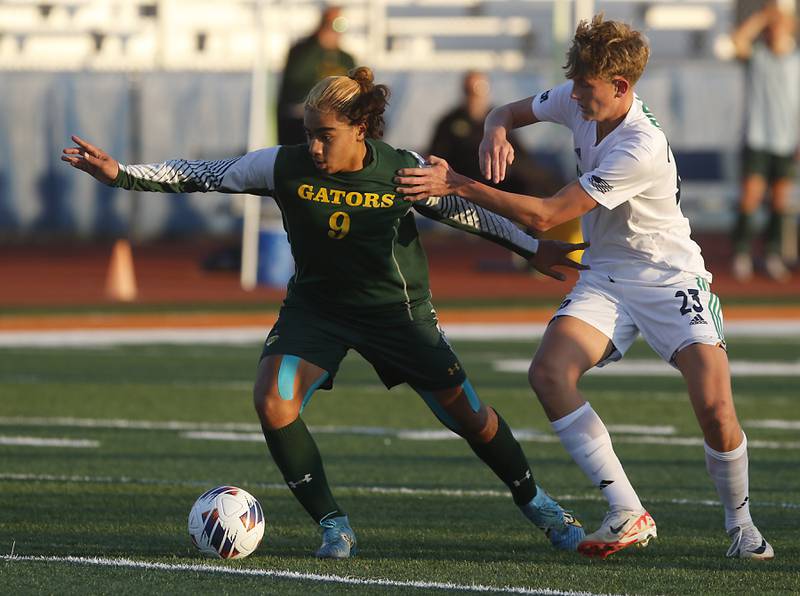 Crystal Lake South's Ali Ahmed controls the ball in front of Peoria Notre Dame's Teddy LaHood during the IHSA Class 2A state championship soccer match on Saturday, Nov. 4, 2023, at Hoffman Estates High School.