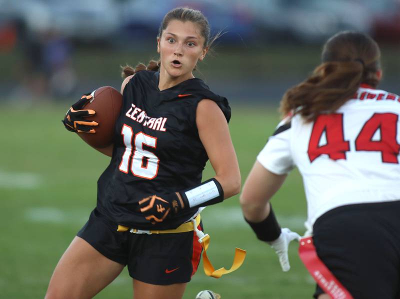Crystal Lake Central’s Ava Knapp runs the ball against Huntley in varsity flag football at Owen Metcalf Field on the campus of Crystal Lake Central High School in Crystal Lake on Tuesday, Sept. 16, 2025.