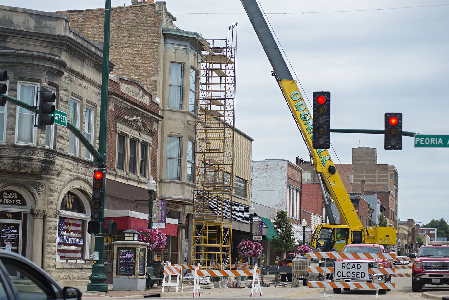 First Street in Dixon is closed to vehicle traffic between Peoria and Hennepin Thursday, July 28, 2022 as work on the Crystal Cork building gets started.