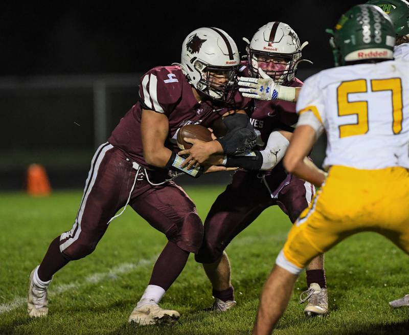 Prairie Ridge's Nathan Greetham looks for short yardage during their game against Crystal Lake South Friday night at Prairie Ridge High School on October 15, 2021 in Crystal Lake, IL.