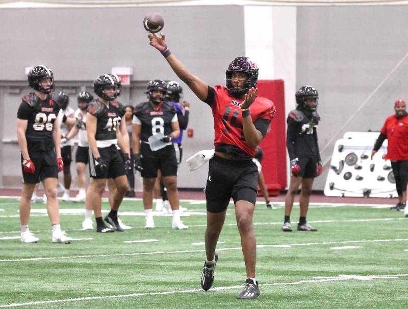 Northern Illinois quarterback Jalen Macon throws a pass during the first spring football practice Thursday, March 27, 2025, in the Chessick Practice Center at NIU in DeKalb.