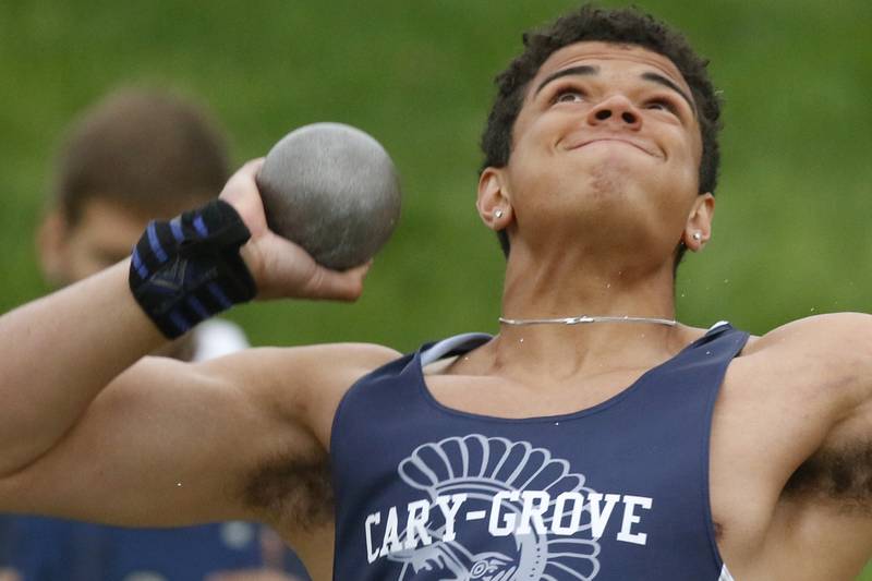 Cary-Grove’s Reece Ihenacho throws the shot putt during the Fox Valley Conference Boys Track and Field Meet on Thursday, May 9, 2024, at Huntley High School.