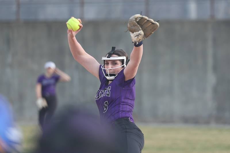 Wilmington’s Ally Allgood delivers a pitch in relief against Joliet Central on Tuesday, March 12 in Joliet.