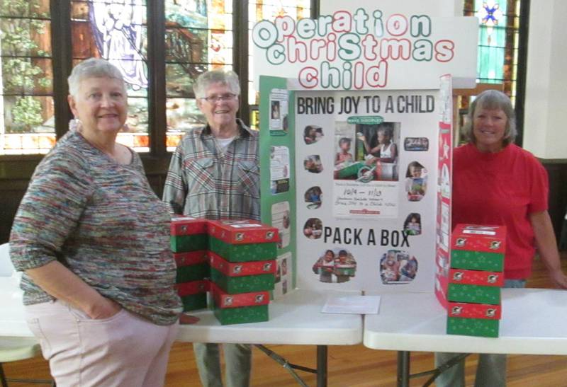 Pictured are Gerri Henze, Sandra Sartain and Linda Oleson (not pictured Bonnie Wykes) who put together 70  Operation Christmas Child boxes for congregation members to fill.