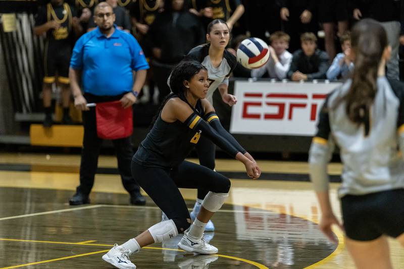 Joliet West's Eden Eyassu passes to a teammate during a 4A Sectional Finals varsity volleyball game against Lockport at Joliet West on Nov. 6, 2025.