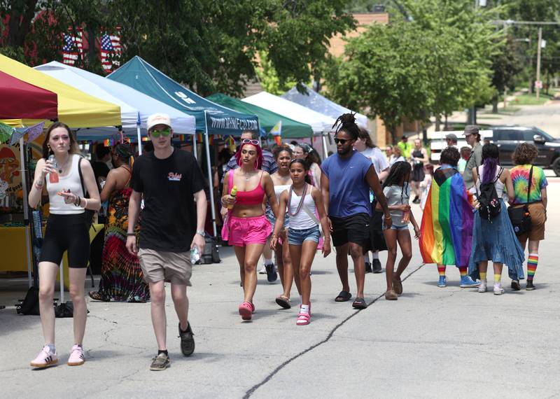 Visitors check out some of the booths Saturday, June 21, 2025, during the DeKalb Pride Fest in front of the Egyptian Theatre in DeKalb.