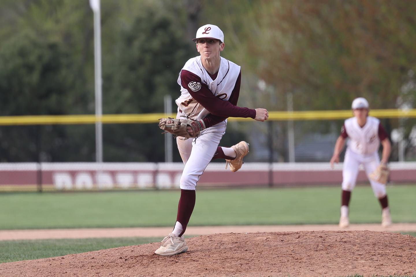 Lockport’s Bryce Flood pitches the Porters only scoreless inning in relief against Lincoln-Way East on Monday, April 22, 2024 in Lockport.