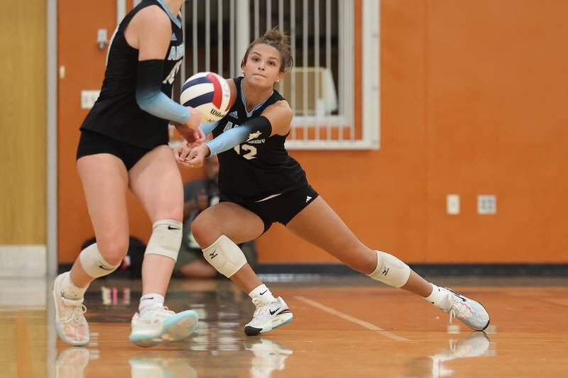 Joliet Catholic’s Ellie Blotnik goes for the dig against Minooka on Wednesday, Sept. 4, 2024 in Minooka.