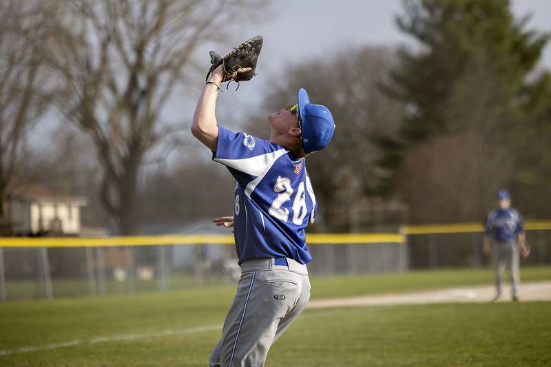 Princeton’s Jace Stuckey camps under a pop up against Newman Thursday, April 10, 2025.