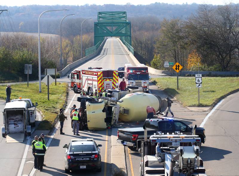 Emergency crews responded Wednesday, Nov. 15, 2023, to an overturned cement truck on Route 251 near the U.S. 6 interchange in Peru.