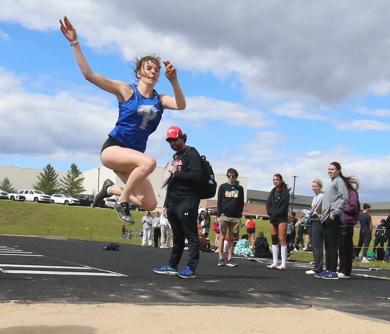 Princeton's Josie Sierens competes in the long jump during the Class 2A Sectional track meet on Wednesday, May 13, 2026 in the Jeff Prusator Athletic Complex at Mendota High School.