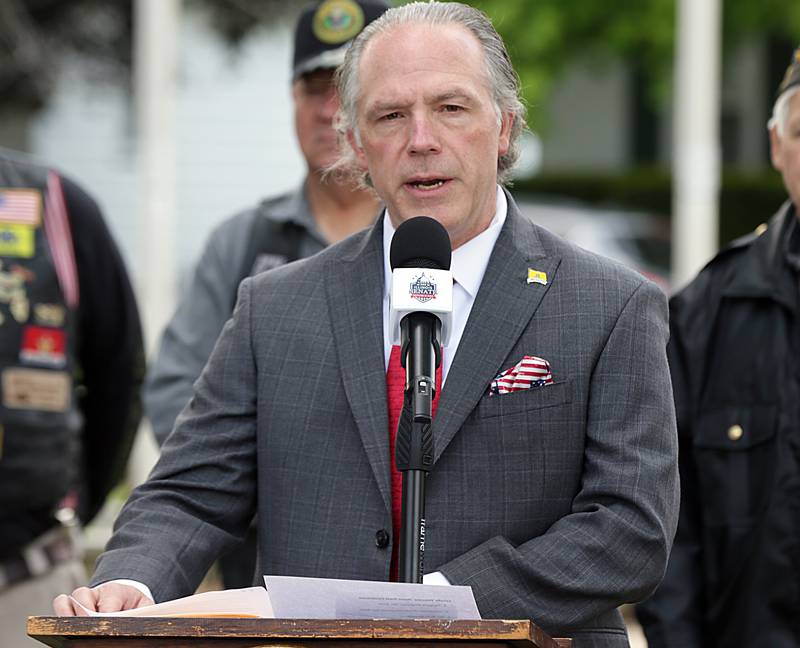 State Rep. Craig Wilcox, R-McHenry, speaks with Illinois State Senators Sue Rezin, R-Morris, and David Welter R-Morris at the Illinois Veterans Home in La Salle on Monday May 6, 2021.