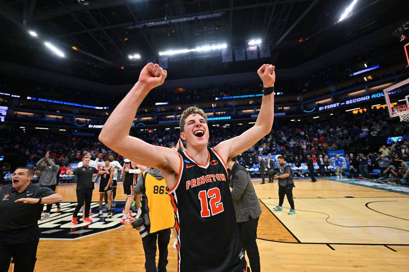 Princeton freshman forward Caden Pierce, who starred for Glenbard West in high school, celebrates his team's NCAA Tournament first-round win over Arizona.