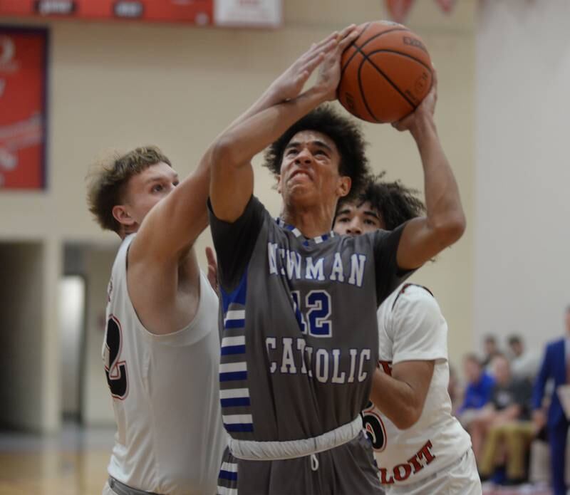 Sterling Newman's Isaiah Williams (12) shoots and draws a foul against South Beloit during the championship game at the Oregon Thanksgiving Tournament on Saturday, Nov. 25, 2023 at the Blackhawk Center in Oregon.