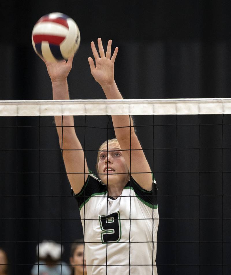 Rock Falls’ Kayla Hackbarth goes up for the block against Dixon Thursday, Sept. 19, 2024, in a Big Northern Conference match at RFHS.