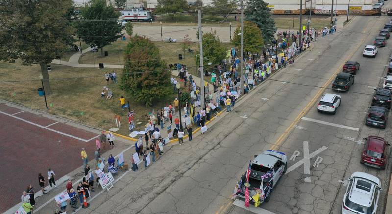 Hundreds gather at Rotary Park during the No Kings protest on Saturday, Oct. 18, 2025 in Princeton.
