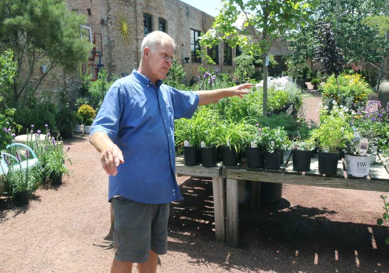 Joel Barczak, co-owner of Blumen Gardens, points out some of the features in the plant sales area Wednesday, June 21, 2024, at the facility in Sycamore.