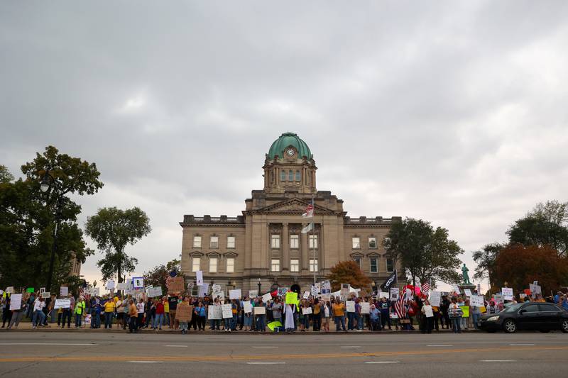 Hundreds of protesters gather to demonstrate at the Kankakee County Courthouse during the No Kings Rally on Saturday, Oct. 18, 2025.