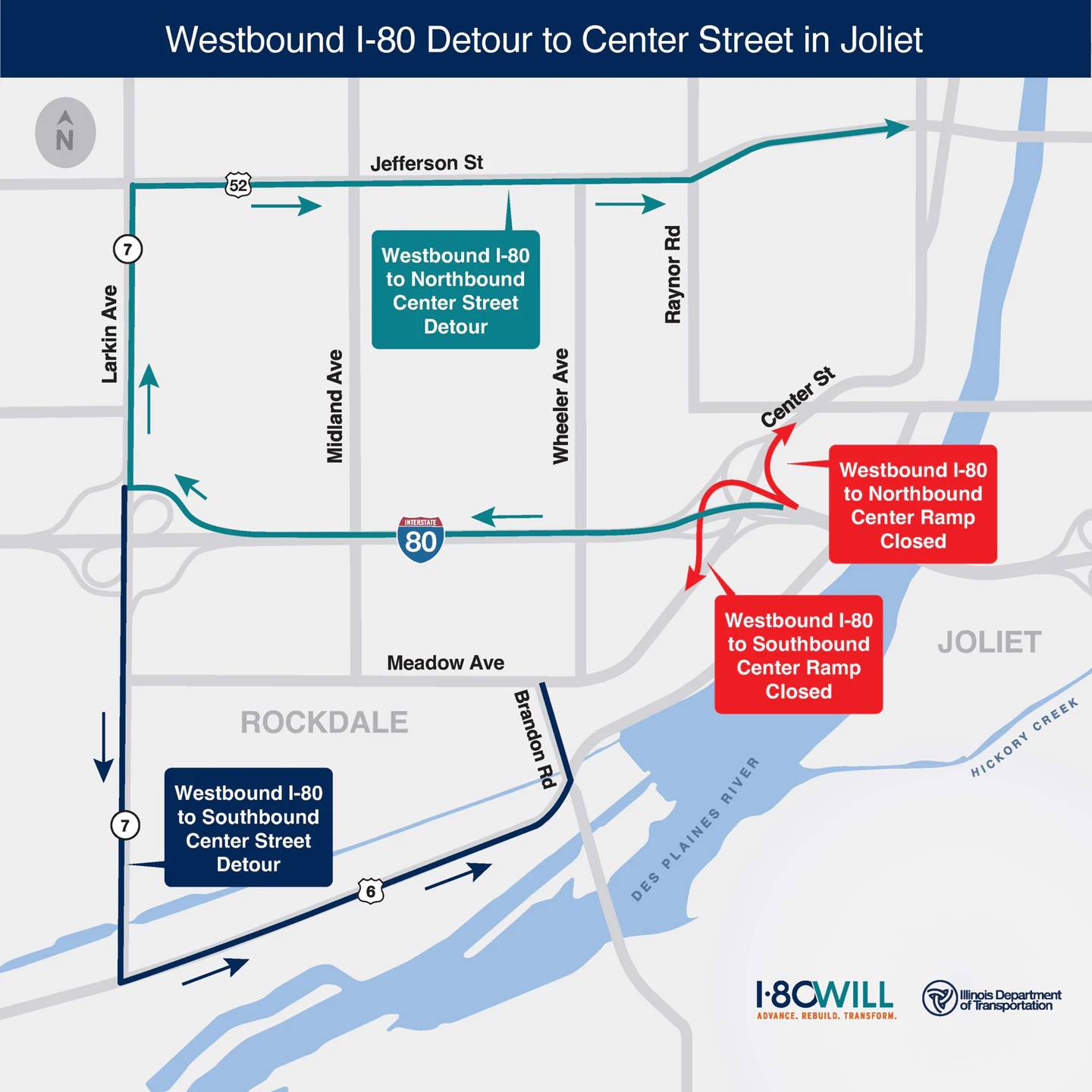 Westbound I-80 detour to Center Street in Joliet provided by IDOT.
Tuesday, Dec. 16, 2025.