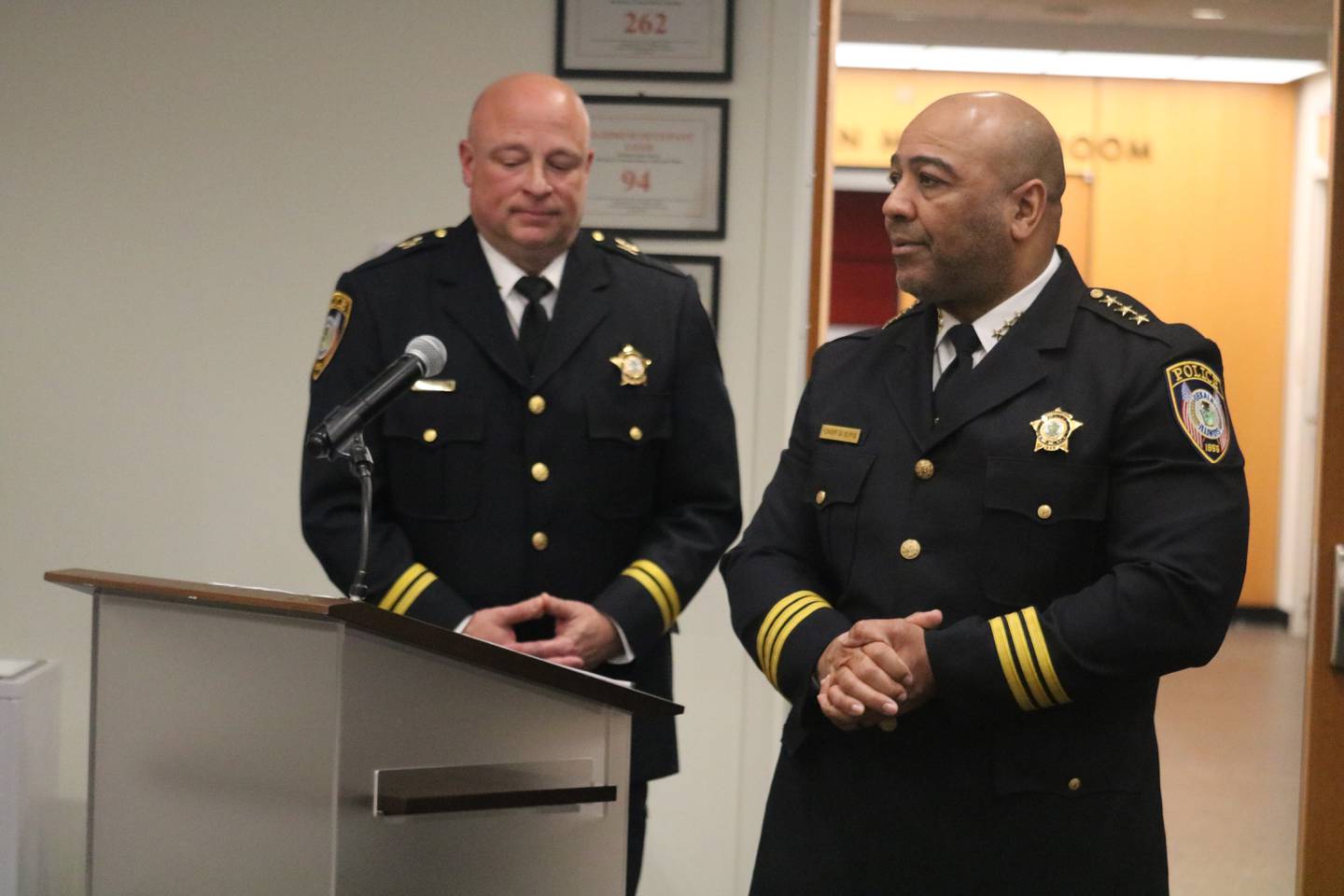 DeKalb Police Chief David Byrd (right) and Deputy Police Chief Jason Leverton deliver the police department's annual report March 23, 2026, during a regular meeting of the DeKalb City Council.