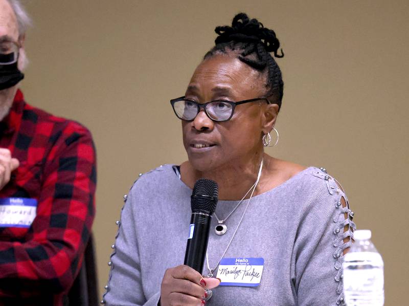 District 428 School Board candidate Marilyn Parker speaks Thursday, March 20, 2025, during the DeKalb Area Rental Association and DeKalb Area Builders Association School Board Candidates Forum at Faranda's Banquets in DeKalb.