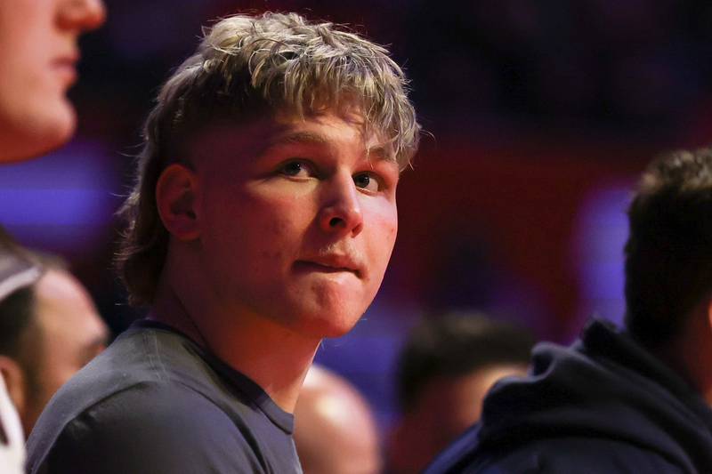 Lockport’s Andrew Blackburn-Forst waits to be introduced for his weight class in the championship match at State Farm Center in Champaign. Saturday, Feb. 19, 2022, in Champaign.