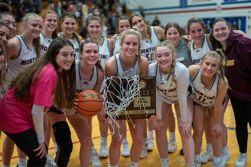 Montini celebrates their 3A Glenbard South Sectional basketball final victory over Providence at Glenbard South High School in Glen Ellyn on Thursday, Feb 23, 2023.
