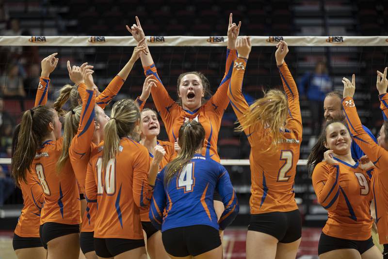 Genoa-Kingston celebrates their straight set win Friday, Nov. 11, 2022 in the class 2A semifinal game against IVC.