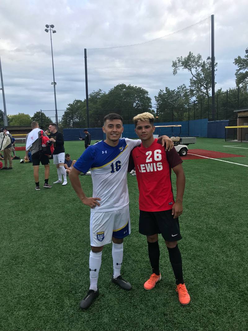 Harvard alumni Alfredo Pichardo (left) and Alexis Robles pose after playing against each other in college. Photo courtesy Victor Gonzalez
