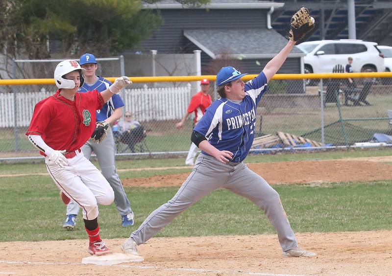 L-P's Jett Hill is safe at first base as the ball enters the glove of Princeton's first baseman Jordan Reinhardt on Saturday, March 29, 2025 at Princeton High School.