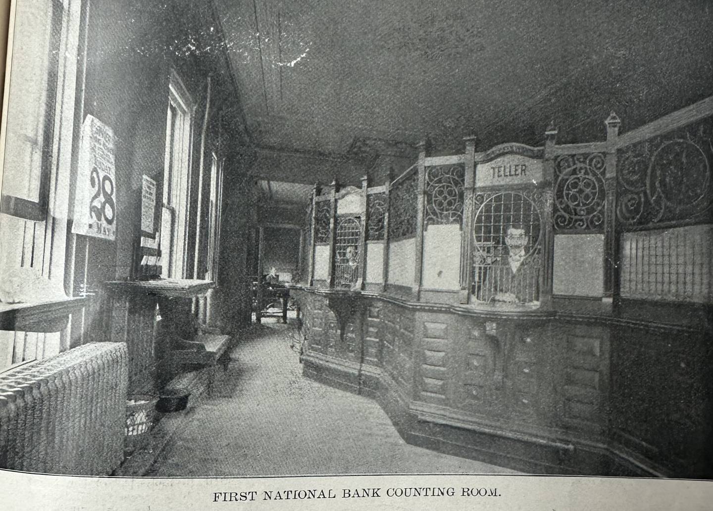 Inside First National Bank of Ottawa’s counting room, from a photo published in 1899.
