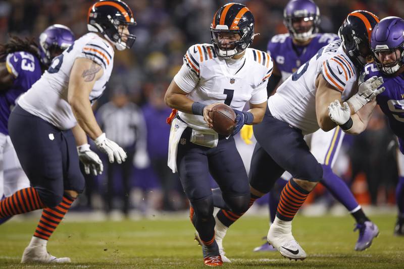 Chicago Bears quarterback Justin Fields drops back during the second half against the Minnesota Vikings on Monday, Dec. 20, 2021, in Chicago.