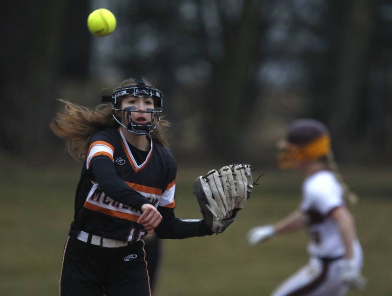 McHenry’s Channing Keppy throw to first to get the runner during a non-conference softball game Tuesday March 22, 2022, between Richmond-Burton and McHenry at Richmond-Burton High School.