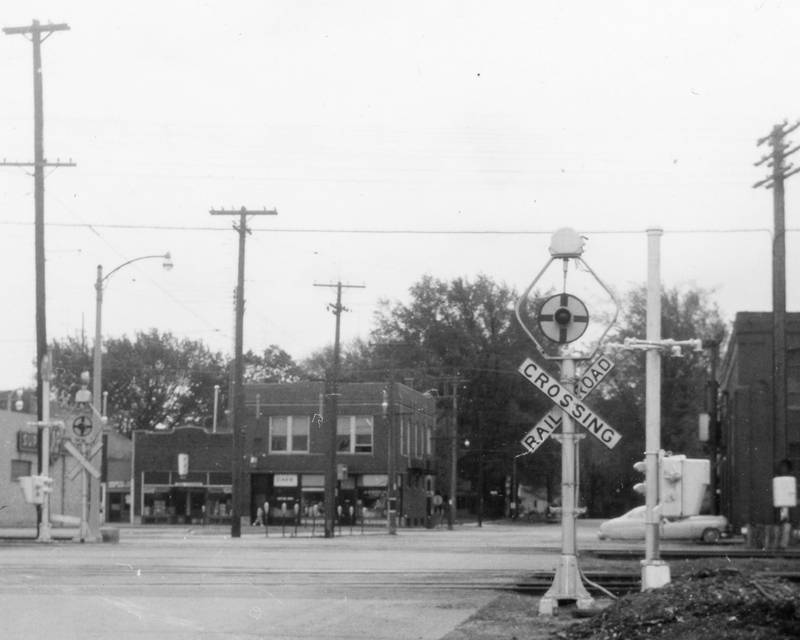 6th Street looking south to the site where South 6th Street joined Lincoln Highway in Dekalb in May 1957, the site of today's post office.