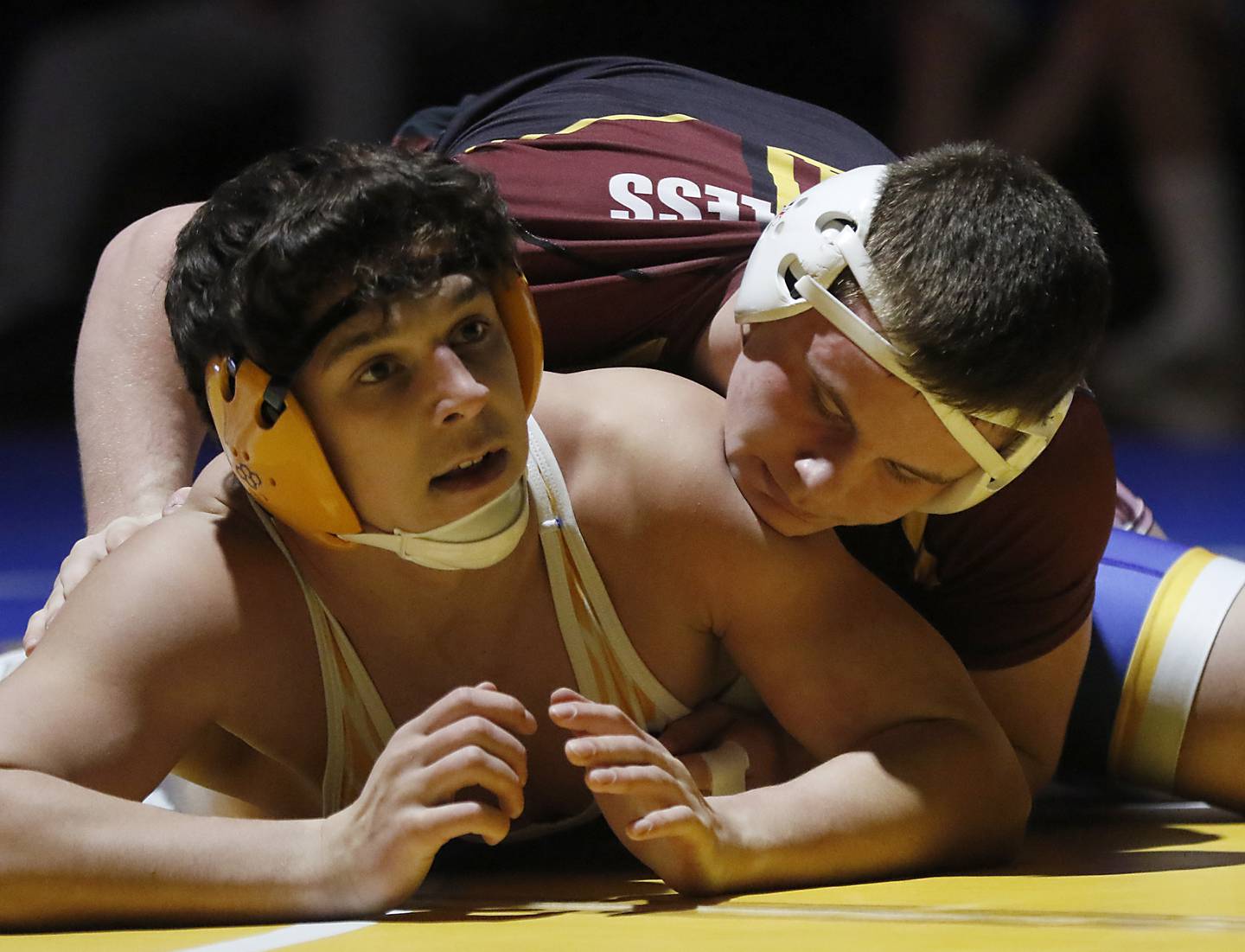 Richmond-Burton’s Blake Livdahl controls Johnsburg’s Duke Mays in the 150-pound match of a Kishwaukee River Conference wrestling meet on Thursday, Jan. 30, 2025, at Johnsburg High School.