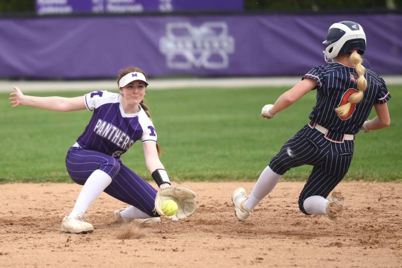 Manteno's Aubrie Goudreau, left, fields a throw and prepares to tag Pontiac's Courtney Krause at second base during a game at Manteno Friday, April 3, 2026.
