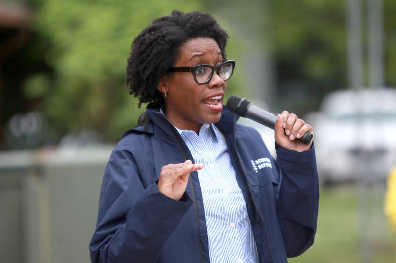 U.S. Rep. Lauren Underwood (D-Naperville) speaks to community members against cuts to the federal Older Americans Act at the Senior Services Associates community center in Yorkville.