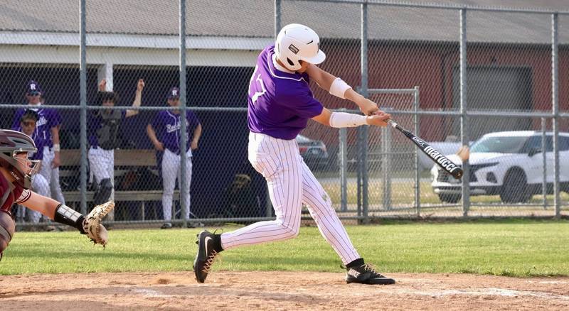 Rochelle's Brody Bruns follows through on a base hit during the game with Marengo. Bruns was 2 for 2, walked and scored three runs.
