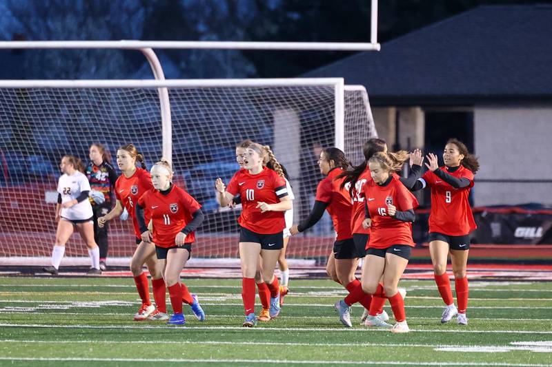 Bradley-Bourbonnais' Harper Tollefson (10) leads her team after scoring the go-ahead goal against Herscher during the Boilermakers' 4-3 comeback victory on Monday, April 6, 2026.