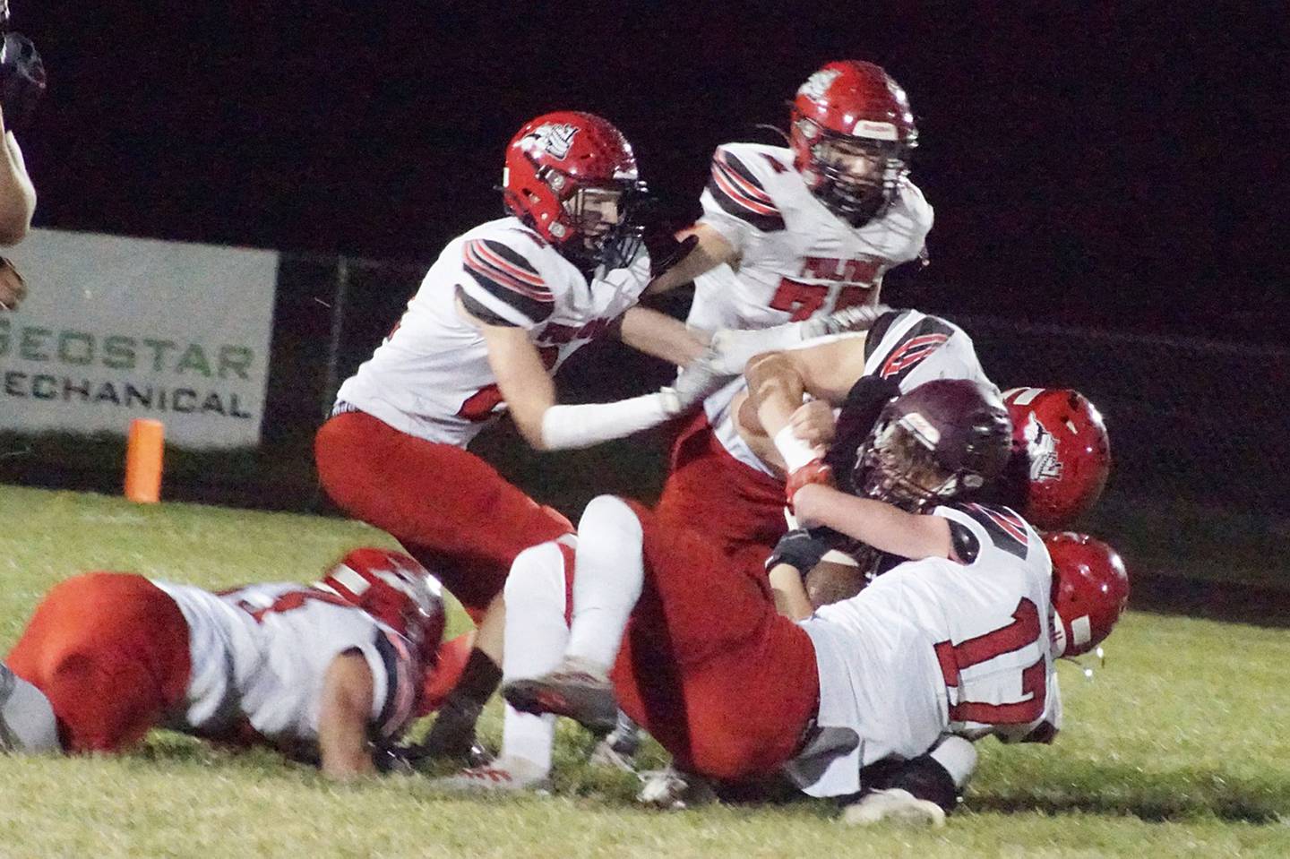 Fulton's Ethan Price makes a tackle against Dakota Friday, Oct 21, 2022.