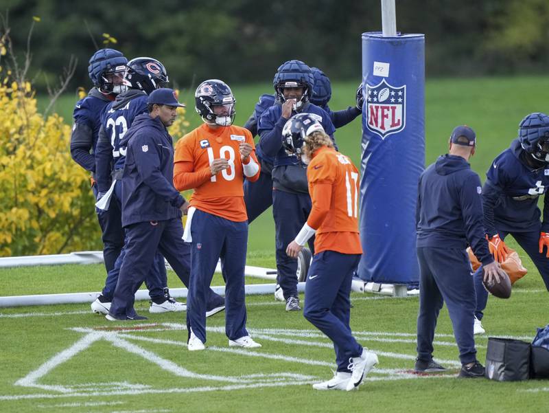 Chicago Bears quarterback Caleb Williams (18) during a training session in Ware, England, Thursday, Oct. 10, 2024, ahead of the game between the Chicago Bears and the Jacksonville Jaguars at Tottenham Hotspur Stadium on Sunday. (AP Photo/Sean Ryan)