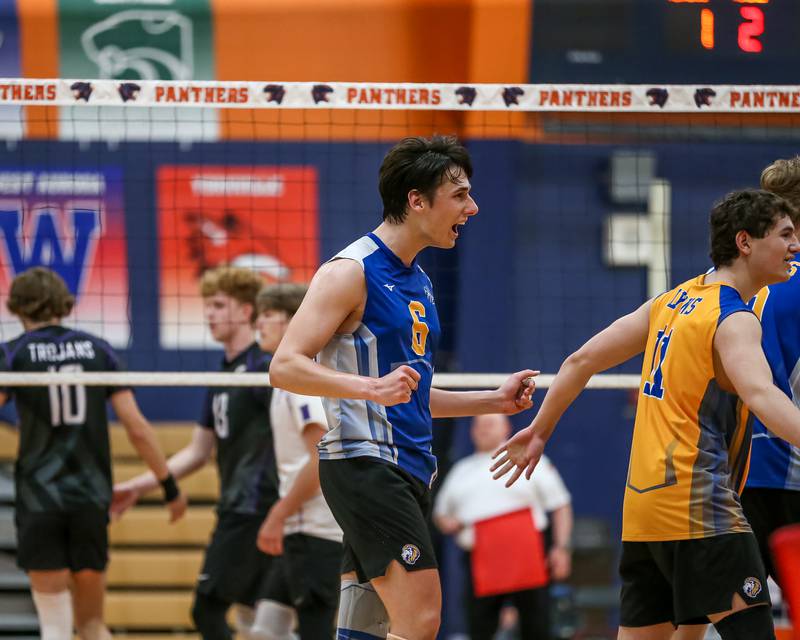 Lyons Luka Kostic (6) celebrates a point during Oswego Sectional final between Downers Grove North at Lyons.  May 30, 2023.