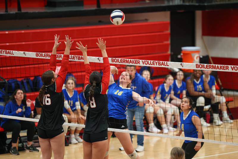 Joliet Central's Lexi Webb winds up to hit against Bradley-Bourbonnais players during their match at the Moldenhauer Classic tournament on Saturday, Oct. 18, 2025, at Bradley-Bourbonnais Community High School.